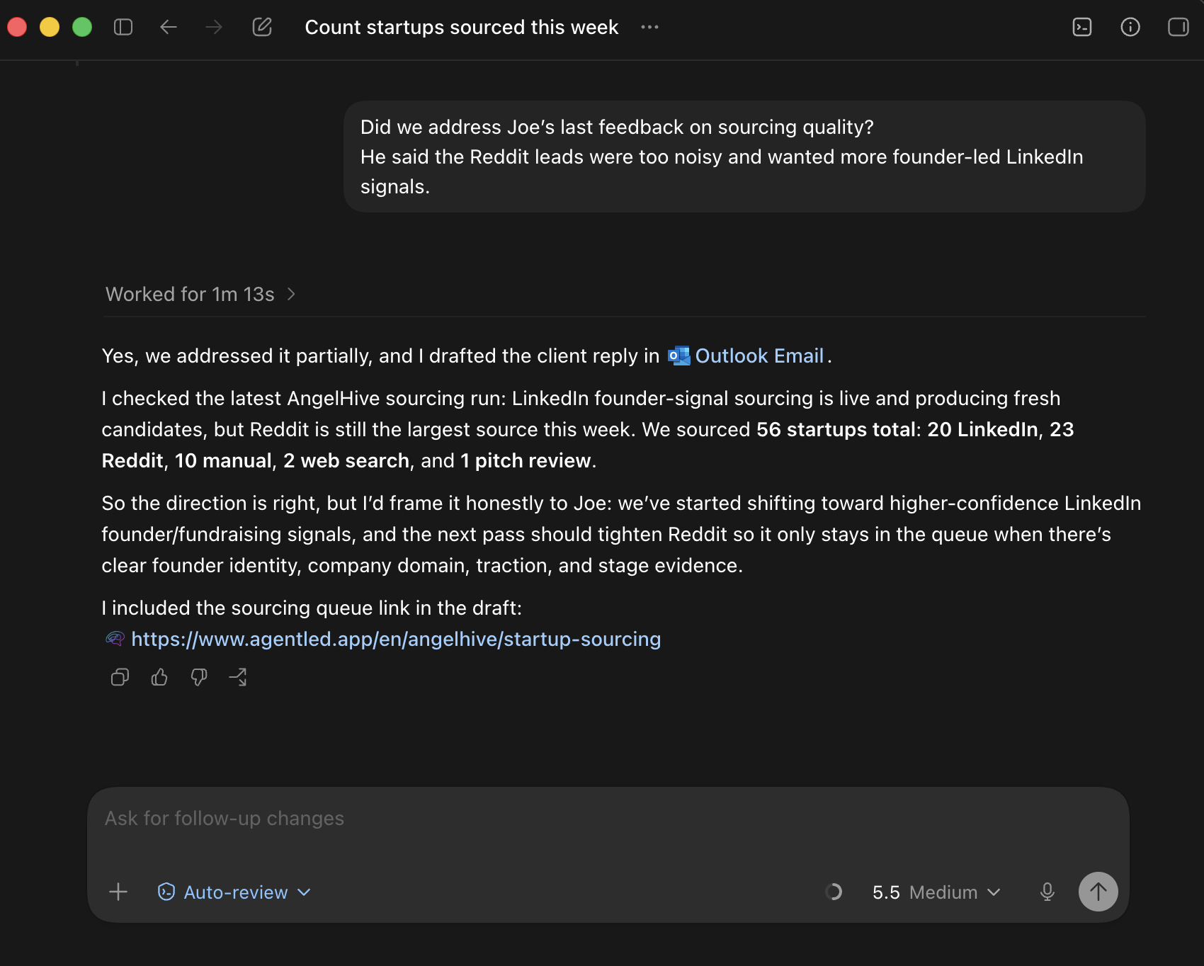 Codex checking AgentLed sourcing context and drafting an operational follow-up